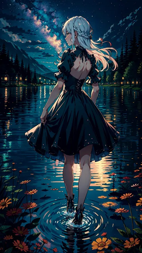 (best quality:1.3)(masterpiece:1.1)(illustration:1.2)(ultra-detailed:1.2)(Extremely detailed background:1.2),
night,starry sky, 
the lake reflects a beautiful starry sky, 1 girl,((in the distance)), ((back to viewer)),((facing to sky)), footsole on the lake, dancing on the middle of the lake, splashing of water,
black gothic dress, dress fluttering, white hair,long hair