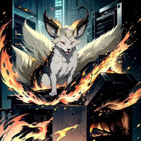 (ninetails:1.2) sitting on a chair in the middle of a room filled with (servers:1.3) on fire and smoke, (masterpiece, best quality), (flames, fire spirits, embers, roaring fire:1.4), kumiho, Nine-tailed fox, computer, server rack,