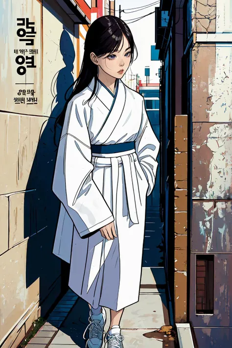 best quality, absurdres, (highly detailed:1.2) (detailed face:1.1), comicbook cover, hangul text, wearing modern hanbok, white sneakers, streets of korea, <lora:Kang_Hyewon_V4b-000005:0.6>