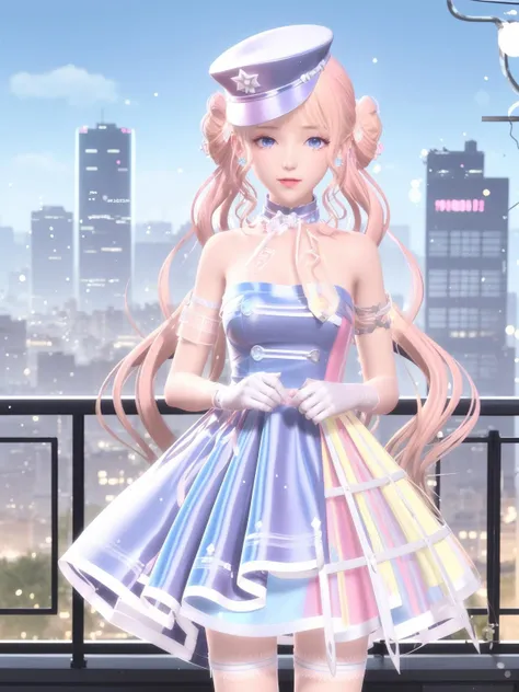 SYNNXWZA, 1girl, solo, long hair, blonde hair, hat, blue eyes, dress, twintails, jewelry, double bun, white gloves,thigh strap,choker,bare shoulders,earrings, <lora:SYNNXWZA-000005:0.75>,cityscape, looking at viewer, mature female,