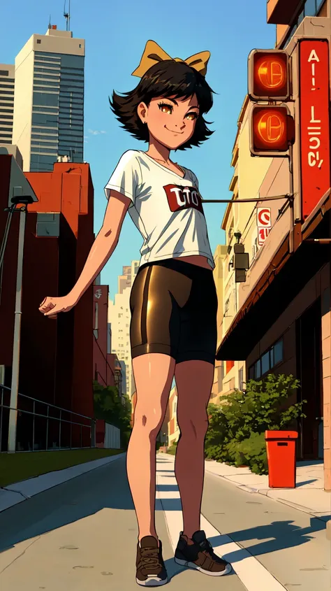 ((Best quality, masterpiece, ultra high resolution)),standing,<lora:Olivia:0.7>,Olivia,black hair,hair bow,bow,short hair,brown eyes,yellow eyes,(((flat chest))),smirk,bike shorts,(t-shirt),spandex,city,cityscape,outside,day,