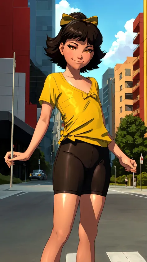 ((Best quality, masterpiece, ultra high resolution)),standing,<lora:Olivia:0.7>,Olivia,black hair,hair bow,bow,short hair,brown eyes,yellow eyes,(((flat chest))),smirk,bike shorts,(t-shirt),spandex,city,cityscape,outside,day,