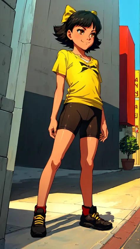 ((Best quality, masterpiece, ultra high resolution)),standing,<lora:Olivia:0.7>,Olivia,black hair,hair bow,bow,short hair,brown eyes,yellow eyes,(((flat chest))),smirk,bike shorts,(t-shirt),spandex,city,cityscape,outside,day,