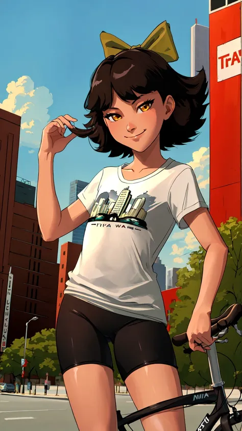 ((Best quality, masterpiece, ultra high resolution)),standing,<lora:Olivia:0.7>,Olivia,black hair,hair bow,bow,short hair,brown eyes,yellow eyes,(((flat chest))),smirk,bike shorts,(t-shirt),spandex,city,cityscape,outside,day,