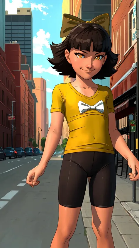 ((Best quality, masterpiece, ultra high resolution)),standing,<lora:Olivia:0.7>,Olivia,black hair,hair bow,bow,short hair,brown eyes,yellow eyes,(((flat chest))),smirk,bike shorts,(t-shirt),spandex,city,cityscape,outside,day,