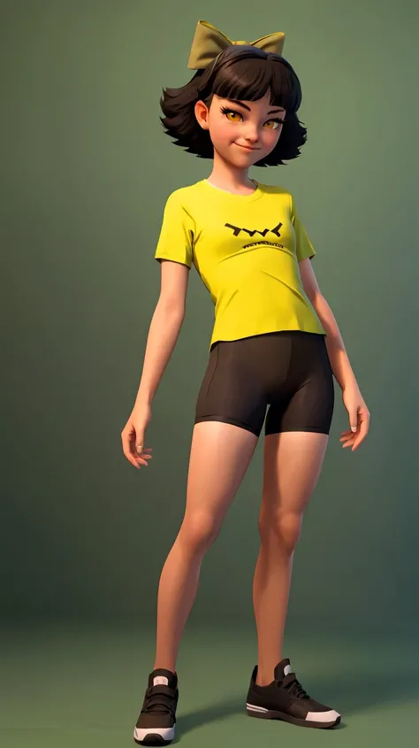 ((Best quality, masterpiece, ultra high resolution)),standing,<lora:Olivia:0.7>,Olivia,black hair,hair bow,bow,short hair,brown eyes,yellow eyes,green bow,(((flat chest))),smirk,bike shorts,(t-shirt),spandex,