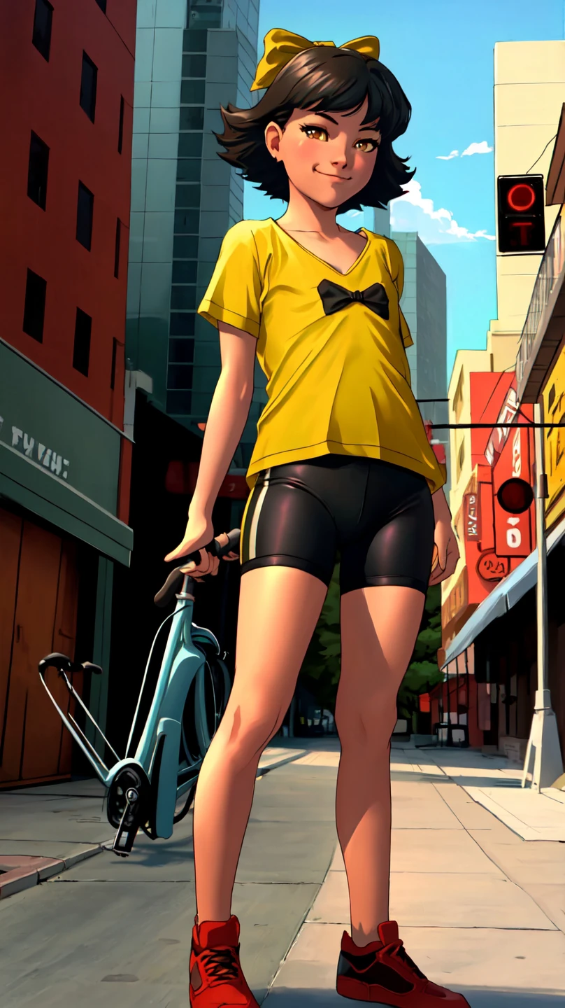 ((Best quality, masterpiece, ultra high resolution)),standing,<lora:Olivia:0.7>,Olivia,black hair,hair bow,bow,short hair,brown eyes,yellow eyes,(((flat chest))),smirk,bike shorts,(t-shirt),spandex,city,cityscape,outside,day,