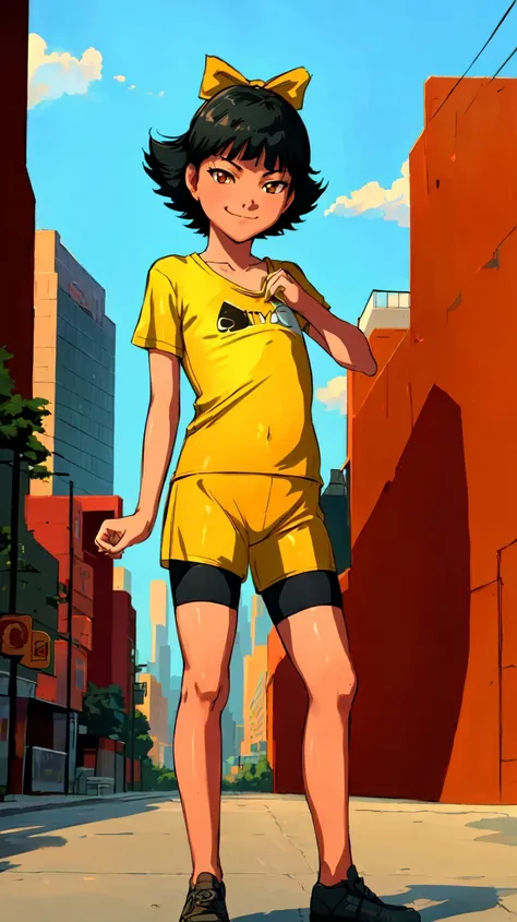 ((Best quality, masterpiece, ultra high resolution)),standing,<lora:Olivia:0.7>,Olivia,black hair,hair bow,bow,short hair,brown eyes,yellow eyes,(((flat chest))),smirk,bike shorts,(t-shirt),spandex,city,cityscape,outside,day,