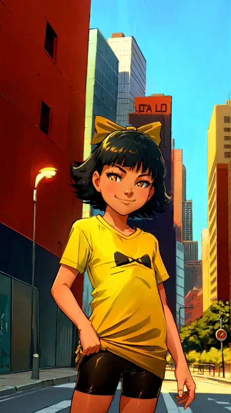 ((Best quality, masterpiece, ultra high resolution)),standing,<lora:Olivia:0.7>,Olivia,black hair,hair bow,bow,short hair,brown eyes,yellow eyes,(((flat chest))),smirk,bike shorts,(t-shirt),spandex,city,cityscape,outside,day,