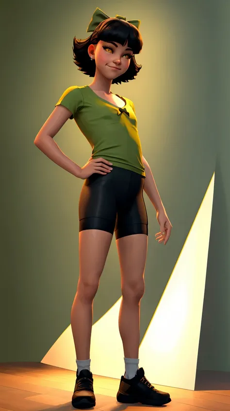 ((Best quality, masterpiece, ultra high resolution)),standing,<lora:Olivia:0.7>,Olivia,black hair,hair bow,bow,short hair,brown eyes,yellow eyes,green bow,(((flat chest))),smirk,bike shorts,(t-shirt),spandex,