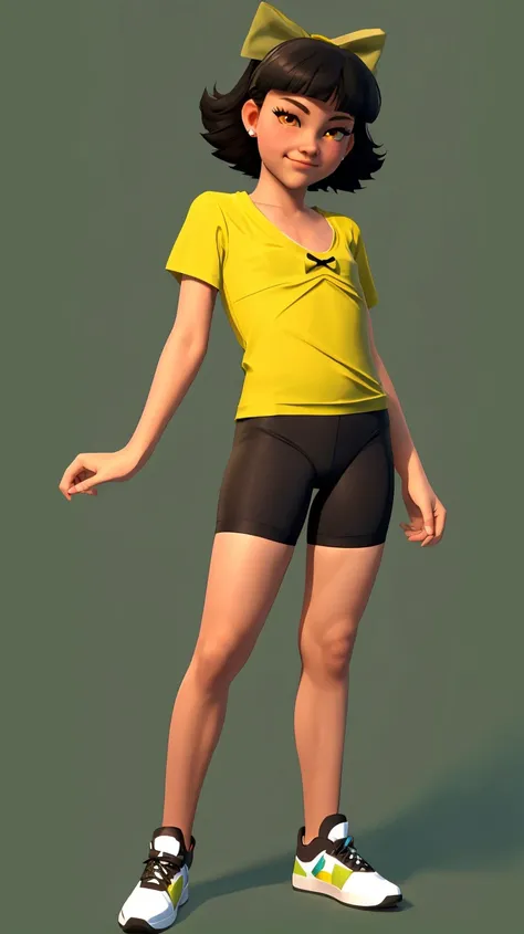 ((Best quality, masterpiece, ultra high resolution)),standing,<lora:Olivia:0.7>,Olivia,black hair,hair bow,bow,short hair,brown eyes,yellow eyes,green bow,(((flat chest))),smirk,bike shorts,(t-shirt),spandex,