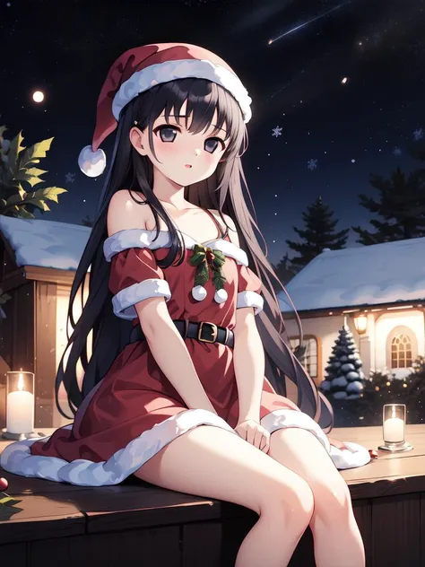 <lora:Tsutsumi_Kinuka:0.8>, TsutsumiKinuka, 1girl, solo, long hair, long hair, bangs, black hair, black eyes, Christmas, SantaClaus, night, starry sky, sitting,
weddingdress, church,
masterpiece, high quality, very_high_resolution, large_filesize, full color,