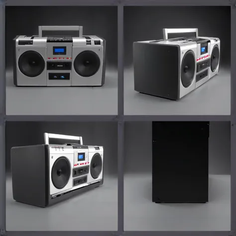 <lora:Everly_Heights_Prop_Generator:1.2> a 1990s boom box stereo (front, back, side:1.2)