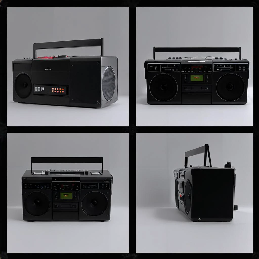 <lora:Everly_Heights_Prop_Generator:1> a 1990s boom box stereo (front, back, side:1.2)