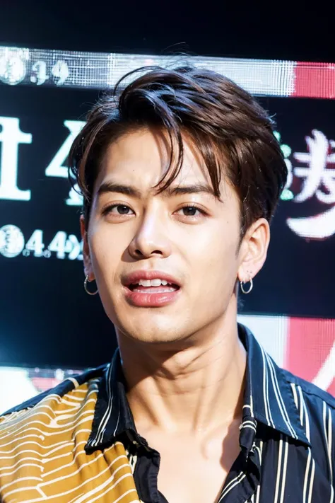 male, handsome, brown hair, earrings, (photorealistic:1.4), best quality, masterpiece, photography, stand-up comedy viewers looked at the stage with smile
<lora:jackson:0.8>