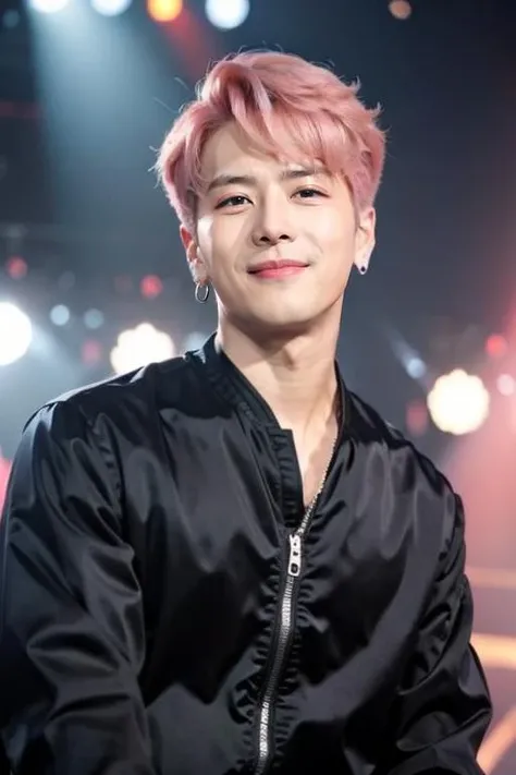 male, handsome,pink hair, earrings, smile, (photorealistic:1.4), best quality, masterpiece, photography, looking at viewer, on stage, stage lights, bokeh, upper body, black jacket,