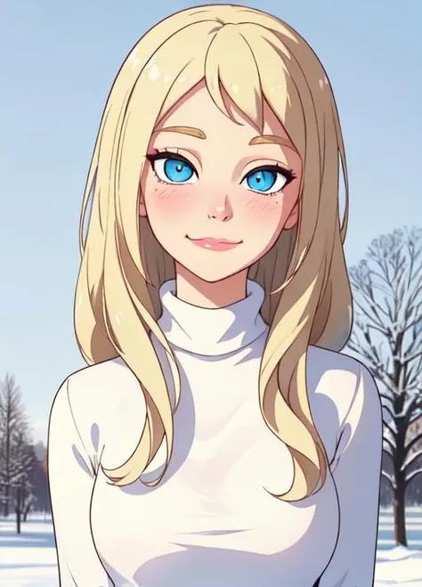 (Gwen_Stacy: 1.2), 1girl,solo, blonde hair,white turtleneck sweater, white jeans,scarf, blue eyes,blush,hands,pretty face,perfect face,perfect eyes,cute face,femenine face,hands behind back,happy expression,closed mouth,smirk,in frame,winter background,wallpaper,50mm  <lora:gwen:0.3>