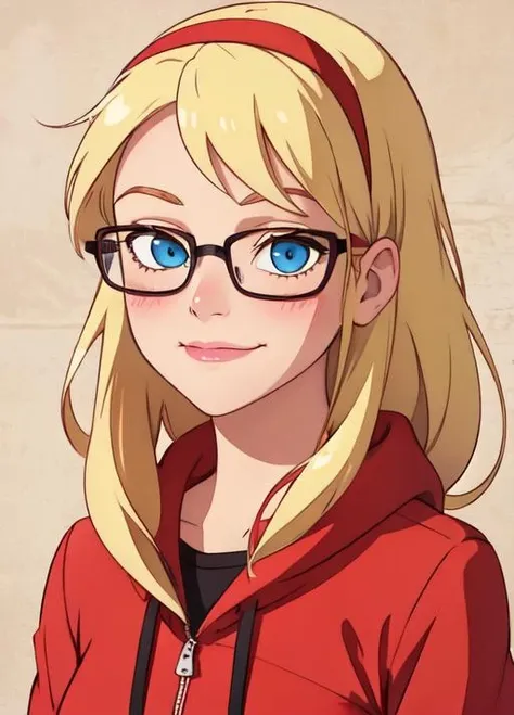 (Gwen_Stacy: 1.2), 1girl,solo, blonde hair, red headband,red hoodie, black jeans, blue eyes,blush,glasses,black glasses,hands,pretty face,perfect face,perfect eyes,cute face,femenine face,hands behind back,happy expression,closed mouth,smirk,in frame,park background,wallpaper,50mm  <lora:gwen:0.3>