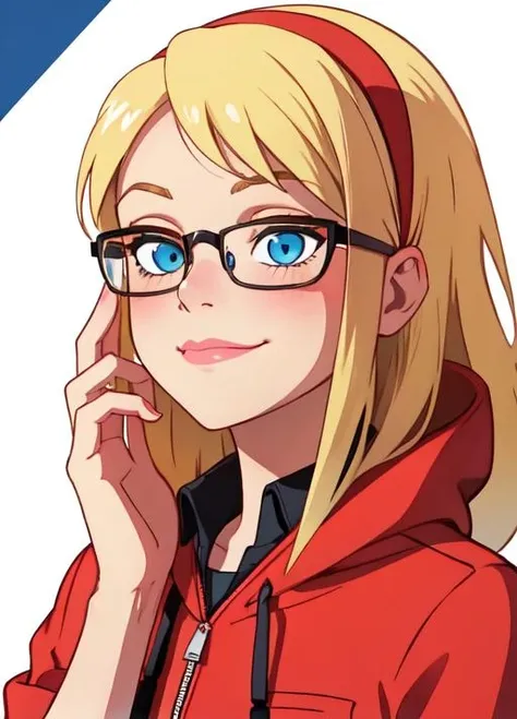 (Gwen_Stacy: 1.2), 1girl,solo, blonde hair, red headband,red hoodie, black jeans, blue eyes,blush,glasses,black glasses,hands,pretty face,perfect face,perfect eyes,cute face,femenine face,hands behind back,happy expression,closed mouth,smirk,in frame,park background,wallpaper,50mm <lora:gwen:0.3>