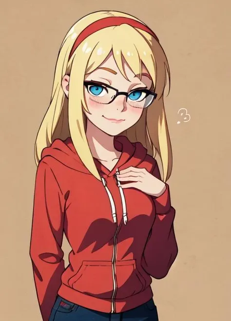 (Gwen_Stacy: 1.2), 1girl,solo, blonde hair, red headband,red hoodie, black jeans, blue eyes,blush,glasses,black glasses,hands,pretty face,perfect face,perfect eyes,cute face,femenine face,hands behind back,happy expression,closed mouth,smirk,in frame,park background,wallpaper,50mm <lora:gwen:0.3>