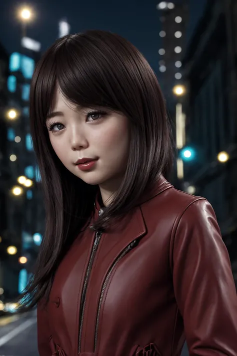 (SFW:1.3), (portrait:1.1) of AIDA_PiperAkira, beautiful girl, pretty face, (red leather coat:1.3), red uniform, flirting with camera, close up, kkw-ph1, cinematic, colorful, (dark theme:1.1) <lora:LowRA:0.6>, night city street, outdoors, <lora:jah:0.2>
