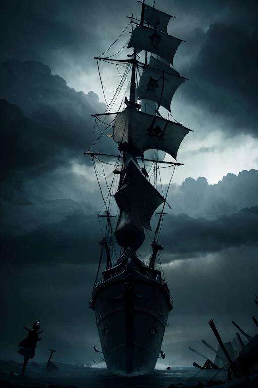 octane render, 4k, concept art, pirate girl, (face hidden:1.2) pirate hat, lighting, storm, raining, on ship, medieval era, eerie, unsettling, dark, spooky, suspenseful, dramatic pose, grim <lora:jah:0.8>