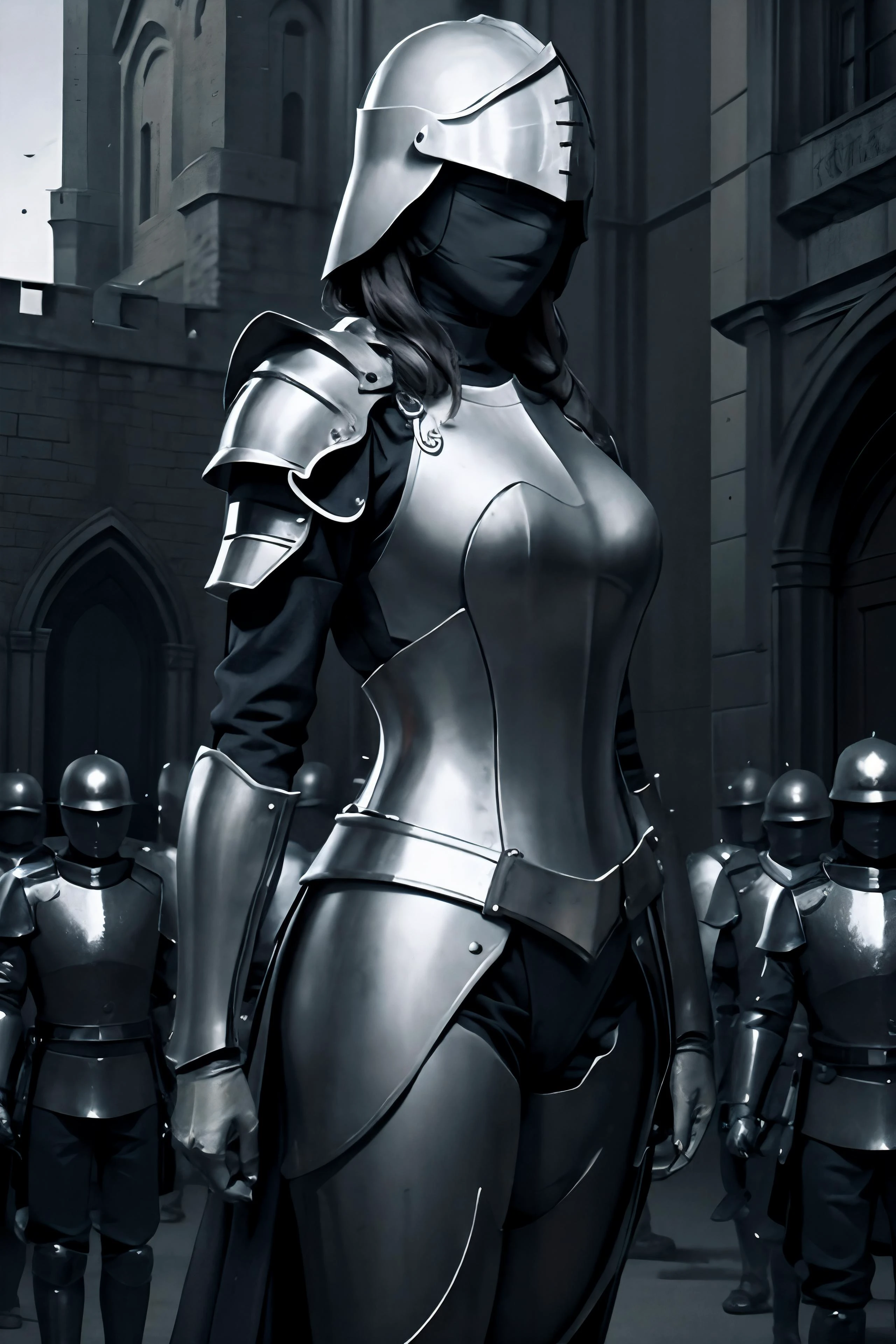 cinematic film still, knight, female body, (knight armor:1.2), castle, medieval town, medium shot, army of knights behind, ultra realistic, monochromatic, epic, gorgeous, highly detailed<lora:jah:0.8>
