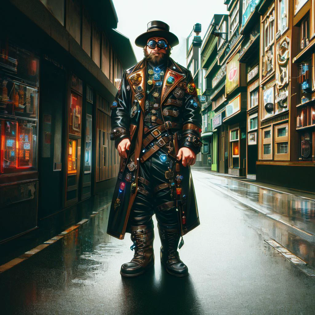medium shot, 1guy, in a street, colorful with neons, long coat, tall boots, steampunk hat, steampunk glasses, long beard, dwarf, <lora:Neon_Cyberpunk_SD1.5_Techno_Mages:1>, <lora:people_count_slider_v1:-5>, <lora:weight_slider:7>