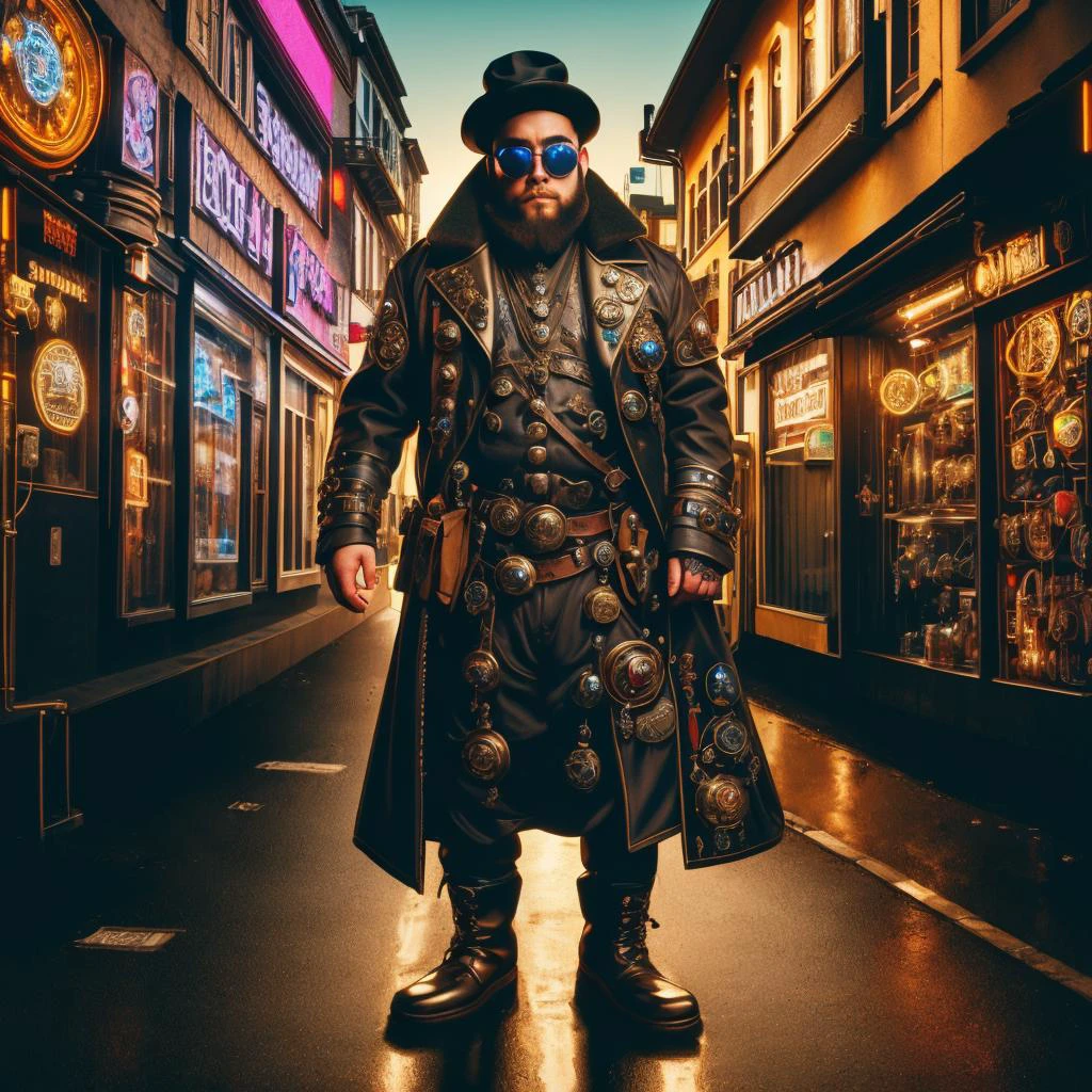 medium shot, 1guy, in a street, colorful with neons, long coat, tall boots, steampunk hat, steampunk glasses, long beard, dwarf, <lora:Neon_Cyberpunk_SD1.5_Techno_Mages:1>, <lora:people_count_slider_v1:-4>, <lora:weight_slider:7>