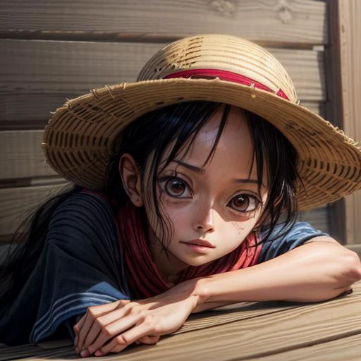 (woman:1), realistic, <lora:wanostyle_2_offset:0.8>, luffy, strawhat, <lora:gender_slider:-5>, leaning on a wooden barrier, <lora:weight_slider:-2>, cute face, <lora:more_details:1>