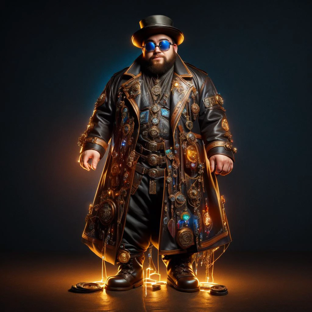 medium shot, 1guy, in a street, colorful with neons, long coat, tall boots, steampunk hat, steampunk glasses, long beard, dwarf, <lora:Neon_Cyberpunk_SD1.5_Techno_Mages:1>, <lora:people_count_slider_v1:-4>, <lora:weight_slider:7>