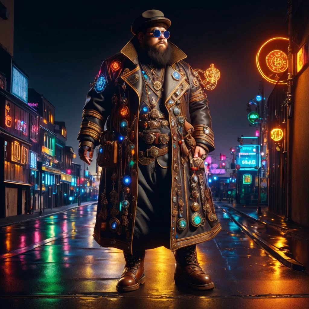 medium shot, 1guy, in a street, colorful with neons, long coat, tall boots, steampunk hat, steampunk glasses, long beard, dwarf, <lora:Neon_Cyberpunk_SD1.5_Techno_Mages:1>, <lora:people_count_slider_v1:-4>, <lora:weight_slider:7>