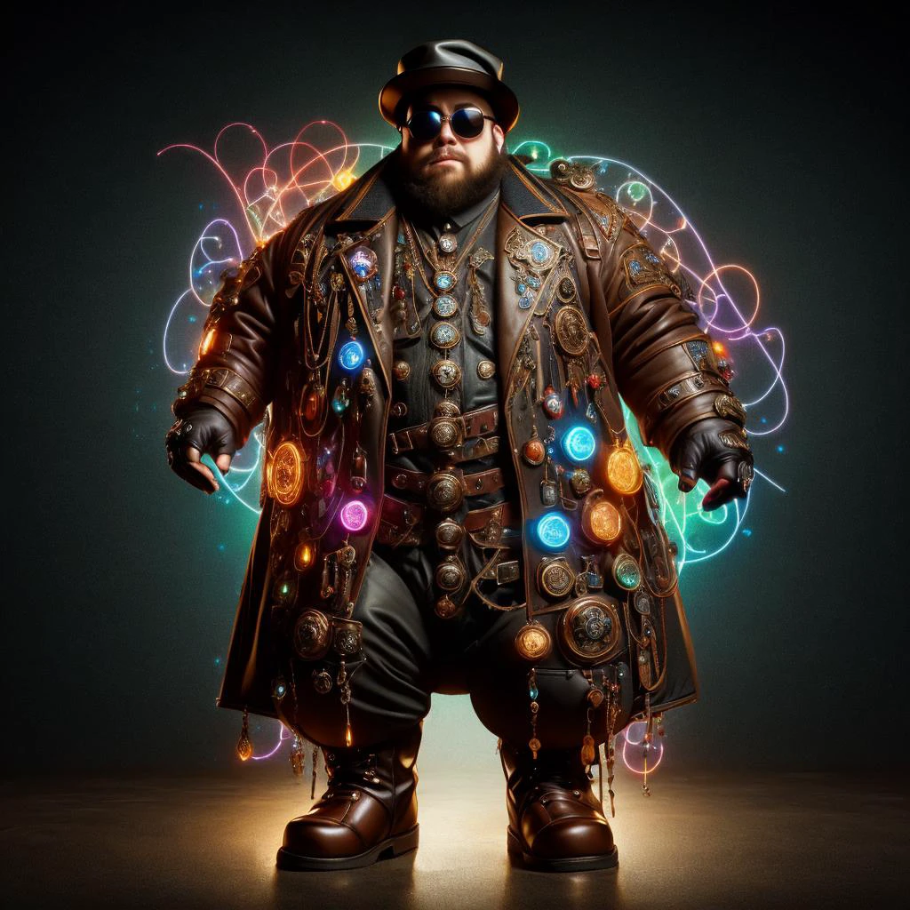 medium shot, 1guy, in a street, colorful with neons, long coat, tall boots, steampunk hat, steampunk glasses, long beard, dwarf, <lora:Neon_Cyberpunk_SD1.5_Techno_Mages:1>, <lora:people_count_slider_v1:-4>, <lora:weight_slider:7>