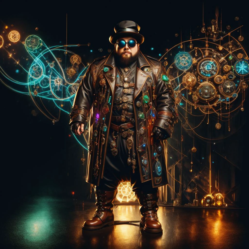 medium shot, 1guy, in a street, colorful with neons, long coat, tall boots, steampunk hat, steampunk glasses, long beard, dwarf, <lora:Neon_Cyberpunk_SD1.5_Techno_Mages:1>, <lora:people_count_slider_v1:-4>, <lora:weight_slider:7>