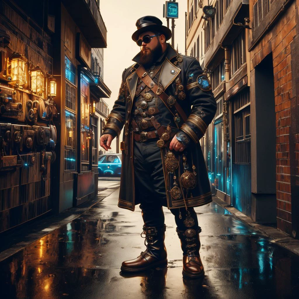 medium shot, 1guy, in a street, colorful with neons, long coat, tall boots, steampunk hat, steampunk glasses, long beard, dwarf, <lora:Neon_Cyberpunk_SD1.5_Techno_Mages:1>, <lora:people_count_slider_v1:-4>, <lora:weight_slider:7>