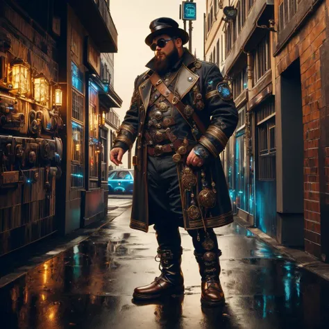 medium shot, 1guy, in a street, colorful with neons, long coat, tall boots, steampunk hat, steampunk glasses, long beard, dwarf, <lora:Neon_Cyberpunk_SD1.5_Techno_Mages:1>,  <lora:people_count_slider_v1:-4>,  <lora:weight_slider:7>