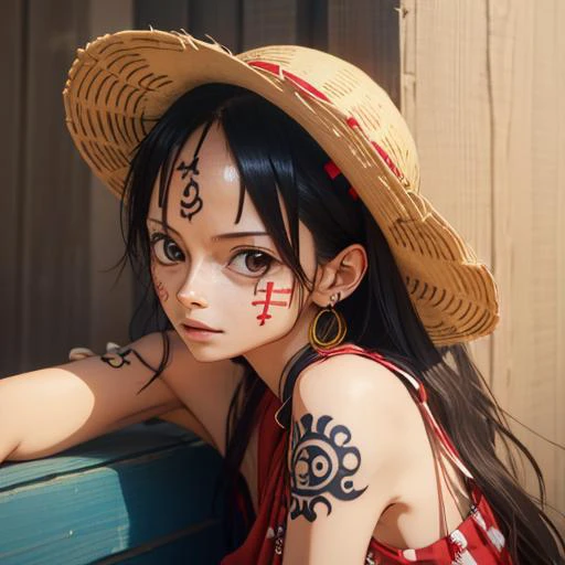 (woman:1), realistic, <lora:wanostyle_2_offset:0.8>, luffy, strawhat, <lora:gender_slider:-5>, leaning on a wooden barrier, <lora:weight_slider:-4>, cute face, face tattoo