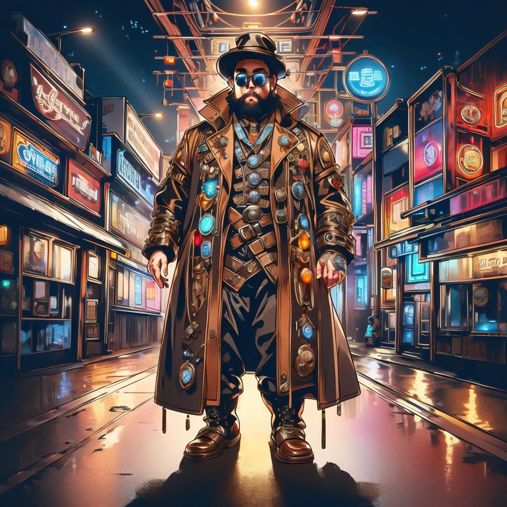 medium shot, 1guy, in a street, colorful with neons, long coat, tall boots, steampunk hat, steampunk glasses, long beard, dwarf, <lora:Neon_Cyberpunk_SD1.5_Techno_Mages:1>, <lora:people_count_slider_v1:-5>, <lora:weight_slider:7>