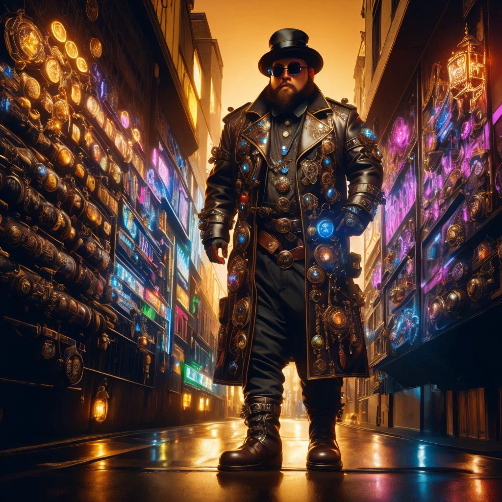 medium shot, 1guy, in a street, colorful with neons, long coat, tall boots, steampunk hat, steampunk glasses, long beard, dwarf, <lora:Neon_Cyberpunk_SD1.5_Techno_Mages:1>, <lora:people_count_slider_v1:-4>, <lora:weight_slider:7>