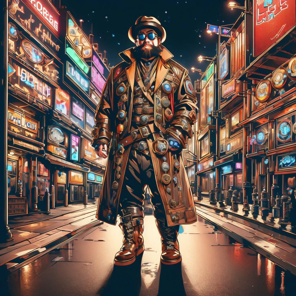medium shot, 1guy, in a street, colorful with neons, long coat, tall boots, steampunk hat, steampunk glasses, long beard, dwarf, <lora:Neon_Cyberpunk_SD1.5_Techno_Mages:1>, <lora:people_count_slider_v1:-5>, <lora:weight_slider:7>