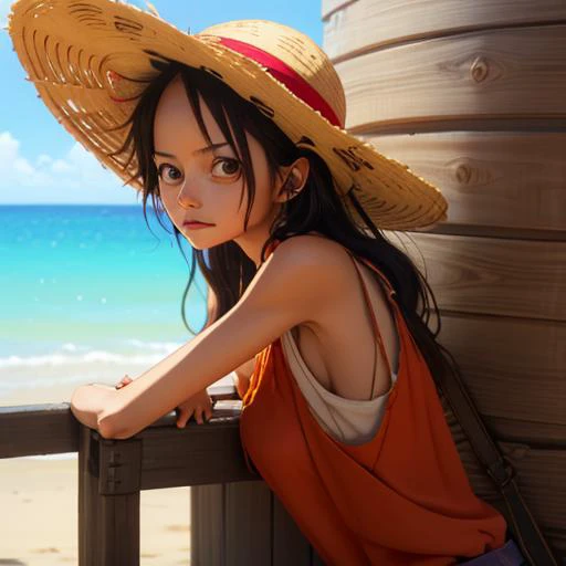 (woman:1), realistic, <lora:wanostyle_2_offset:0.8>, luffy, strawhat, <lora:gender_slider:-5>, leaning on a wooden barrier,  <lora:weight_slider:-4>, cute face