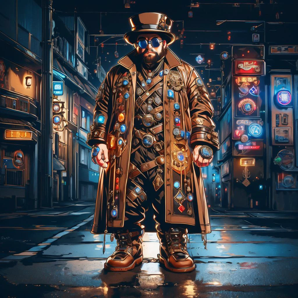 medium shot, 1guy, in a street, colorful with neons, long coat, tall boots, steampunk hat, steampunk glasses, long beard, dwarf, <lora:Neon_Cyberpunk_SD1.5_Techno_Mages:1>, <lora:people_count_slider_v1:-5>, <lora:weight_slider:7>