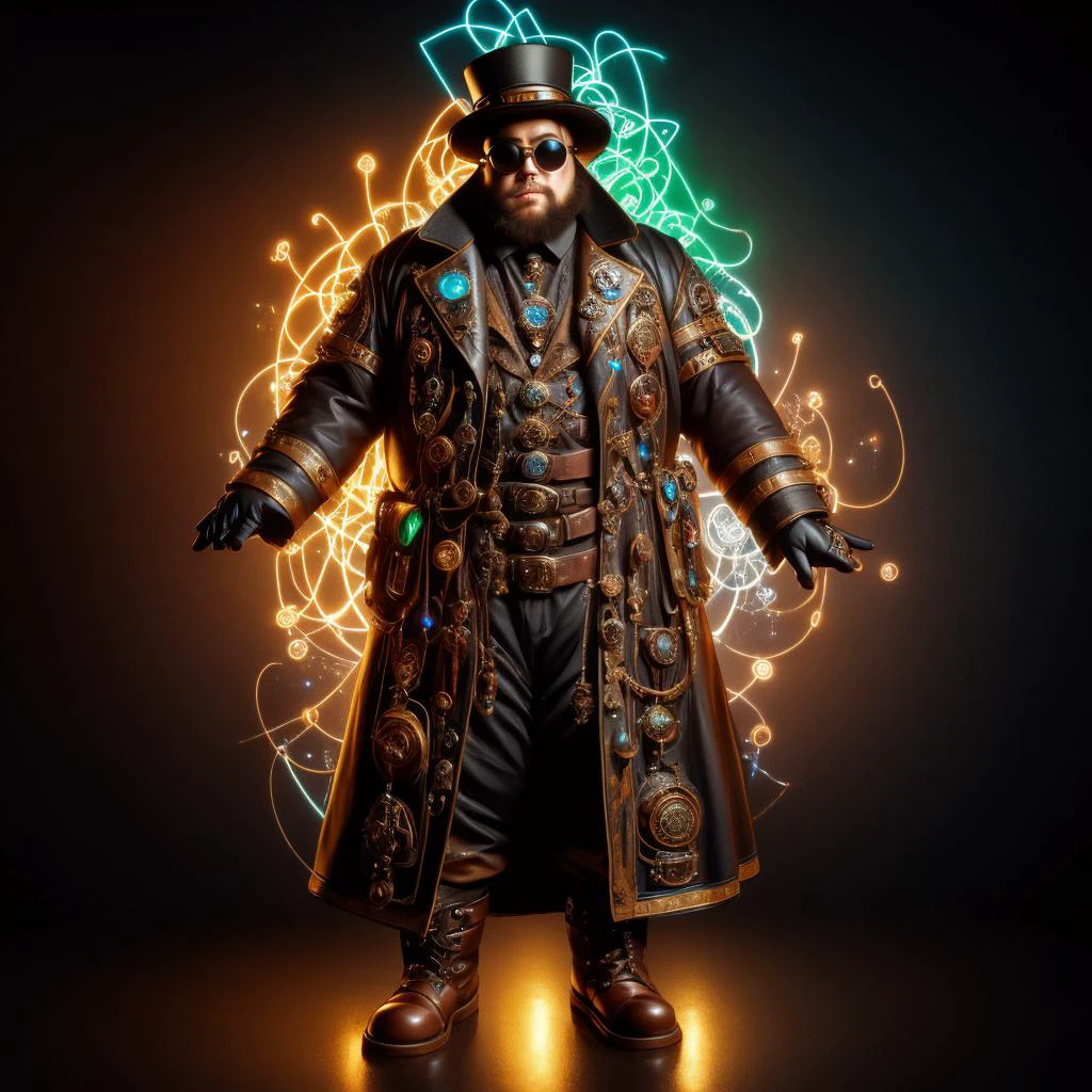 medium shot, 1guy, in a street, colorful with neons, long coat, tall boots, steampunk hat, steampunk glasses, long beard, dwarf, <lora:Neon_Cyberpunk_SD1.5_Techno_Mages:1>, <lora:people_count_slider_v1:-4>, <lora:weight_slider:7>