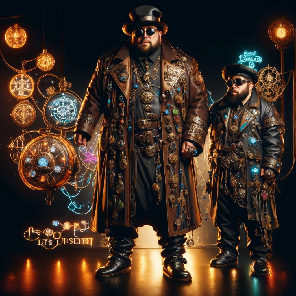 medium shot, 1guy, in a street, colorful with neons, long coat, tall boots, steampunk hat, steampunk glasses, long beard, dwarf, <lora:Neon_Cyberpunk_SD1.5_Techno_Mages:1>, <lora:people_count_slider_v1:-4>, <lora:weight_slider:7>