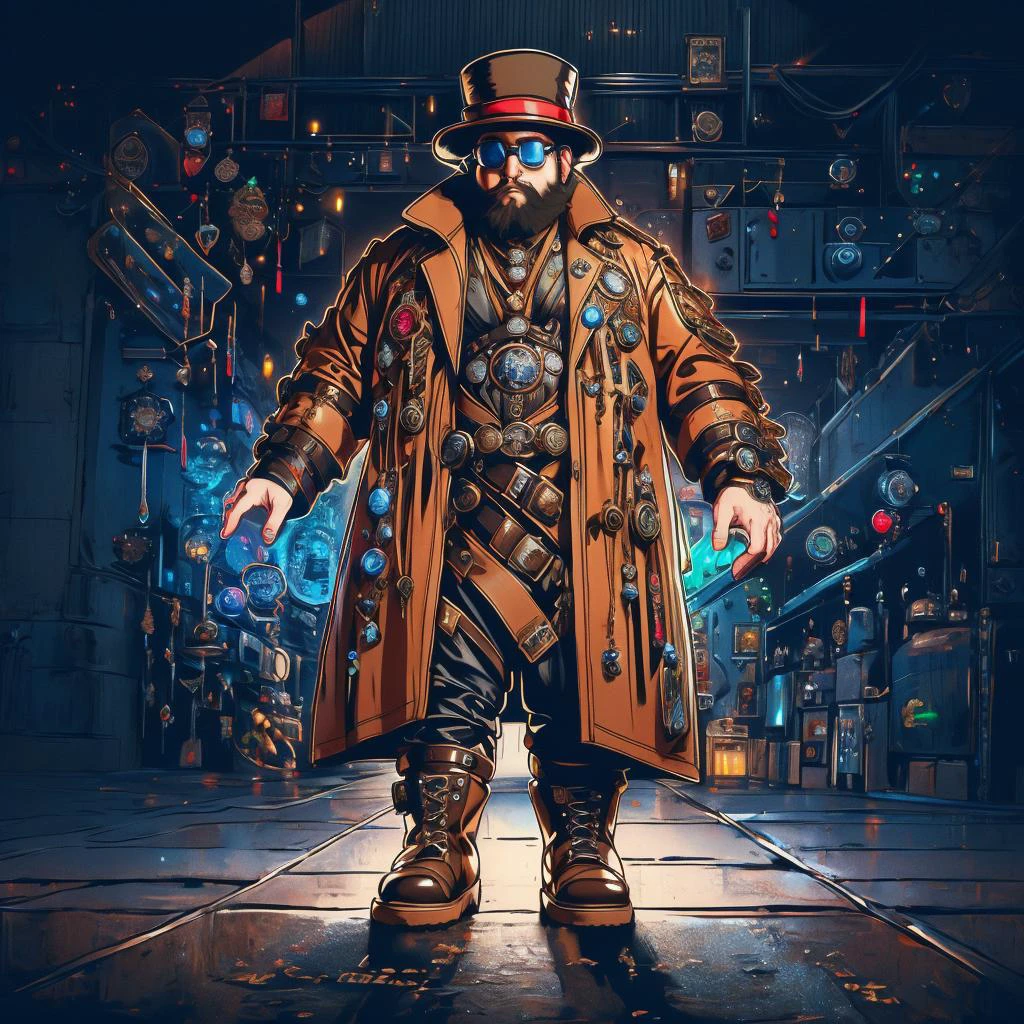 medium shot, 1guy, in a street, colorful with neons, long coat, tall boots, steampunk hat, steampunk glasses, long beard, dwarf, <lora:Neon_Cyberpunk_SD1.5_Techno_Mages:1>, <lora:people_count_slider_v1:-5>, <lora:weight_slider:7>
