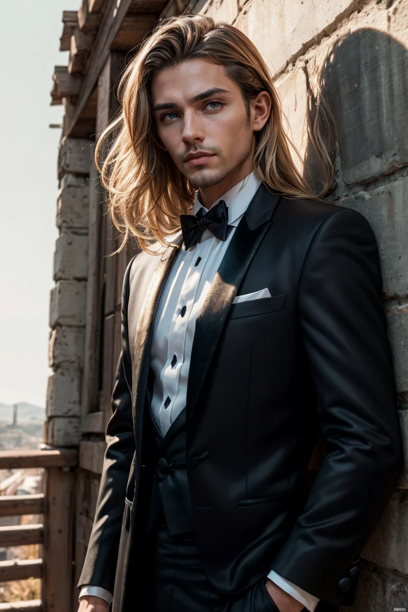 Hyperrealistic art (best quality, masterpiece, perfect face, beautiful:1.2, colorful, dynamic angle, beautiful dark shadows, highest detailed face),1girl,cute, flirty look, looks at viewer, long eyelashes, natural skin texture, (long blonde hair:1.2),((( men's dark tuxedo, textures:1.2))), in a cafe ,(intricate details, hyperdetailed:1.15), detailed, sunlight passing through hair, (beautiful scenery in background), (high contrast, extreme detailed, highest detailed), HDR+,(cowboy body shot:1.3),(leaning against wall:1.2) <lora:1.5_weight_slider:-1> . Extremely high-resolution details, photographic, realism pushed to extreme, fine texture, incredibly lifelike