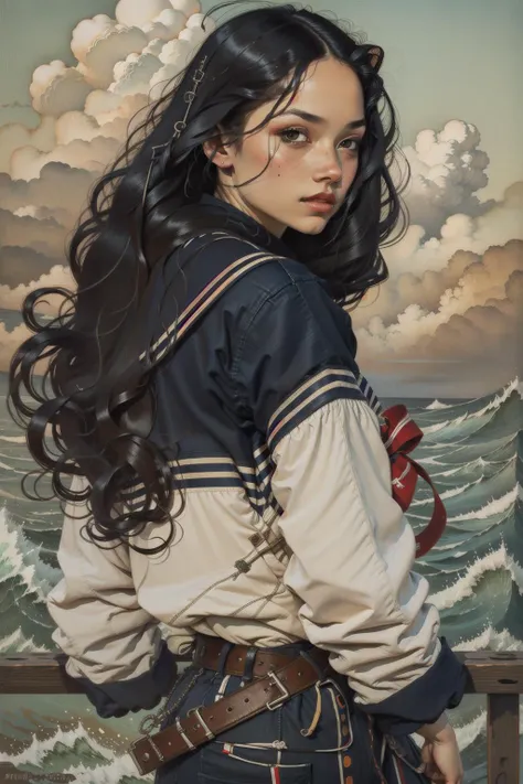 master piece, high quality, a girl, long black hair.wear a sailor suit