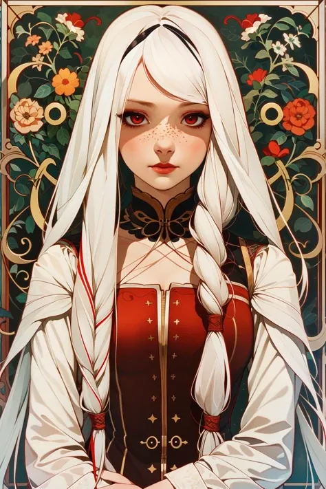 master piece, high quality, a girl, long white hair.red eyes