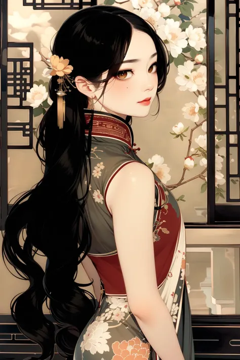 master piece, high quality, a beautiful Chinese girl, black long hair, wearing cheongsam,Retro Pictorial