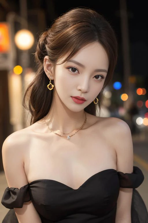 (cunnilingus:1.3), masterpiece,best quality,highres,ultra detailed,realistic,photorealistic,authentic skin texture,RAW photo,finely detail,beautiful detailed eyes,extremely detailed eyes and face,light on face,mature,the best light and shadow,smooth and radiant skin,
closed mouth, collarbone,bare shoulders,longeyelashes, 1girl, (night:1.2),half updo, street background,lens flare,necklace, earrings, <lora:jinchen999-000012:1>, large breasts, <lora:breastinclassBetter_v141:0.2>